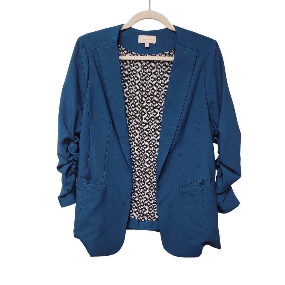 Skies Are Blue Blue Open Front Blazer Size M Ruched Sleeve Workwear Office